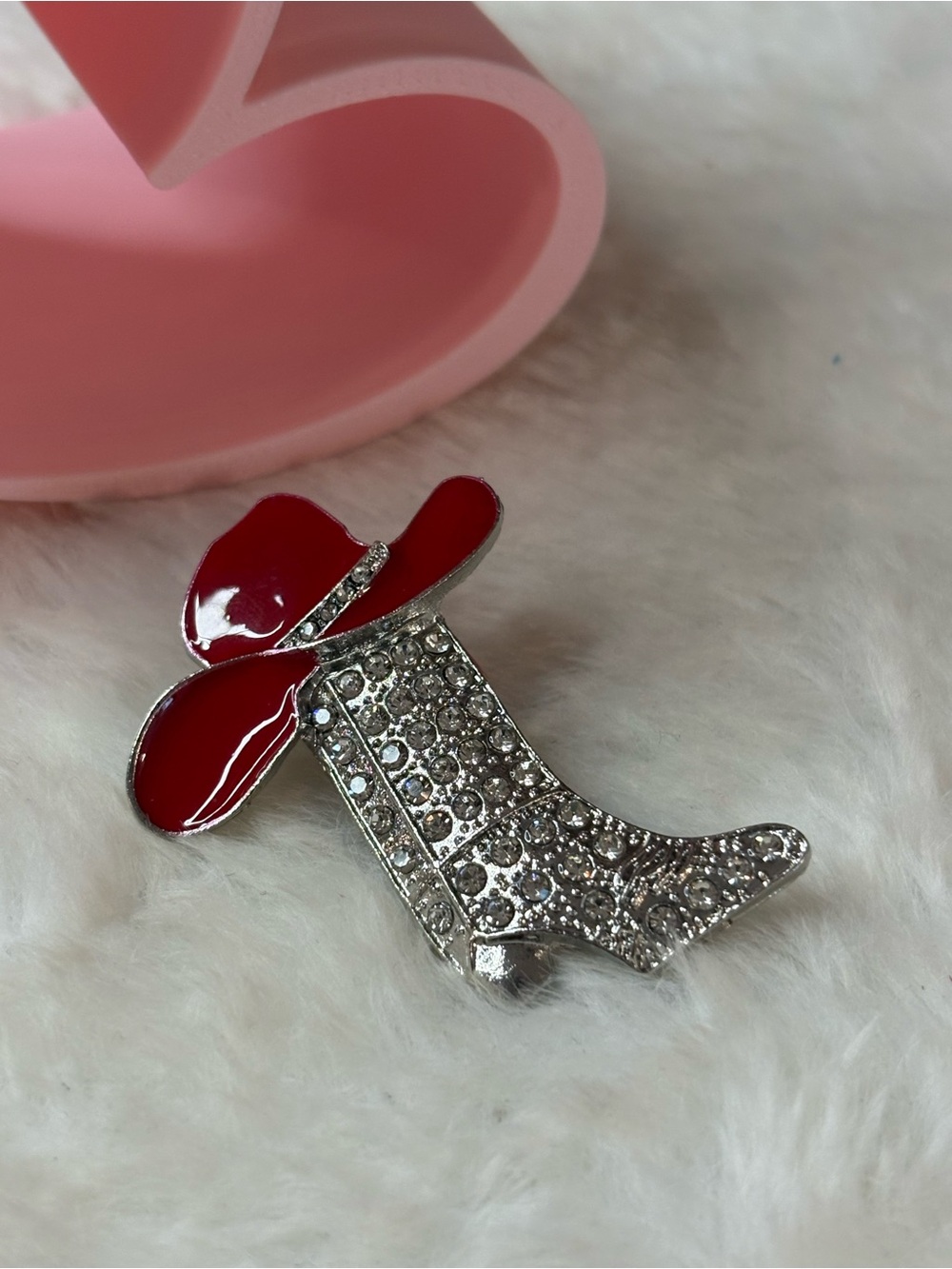 Red Hat & Crystal Cowboy Boot Brooch - Women Jewelry